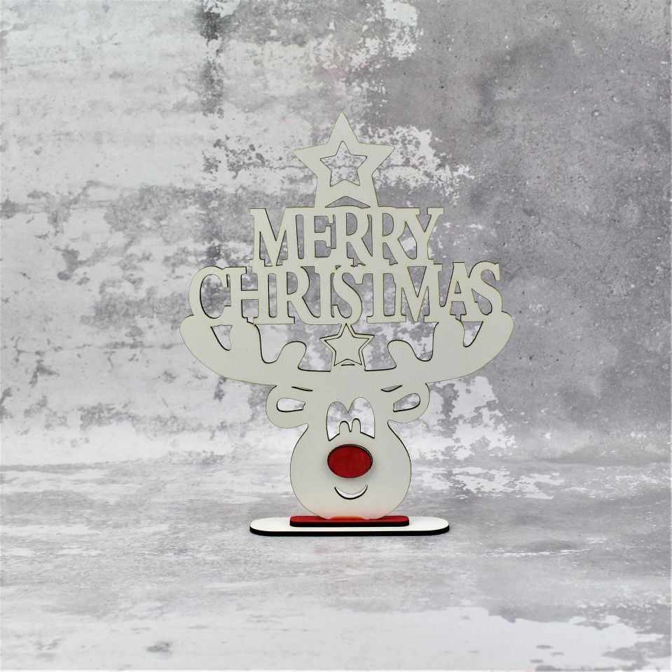 Renifer Stojak Merry Christmas Biały