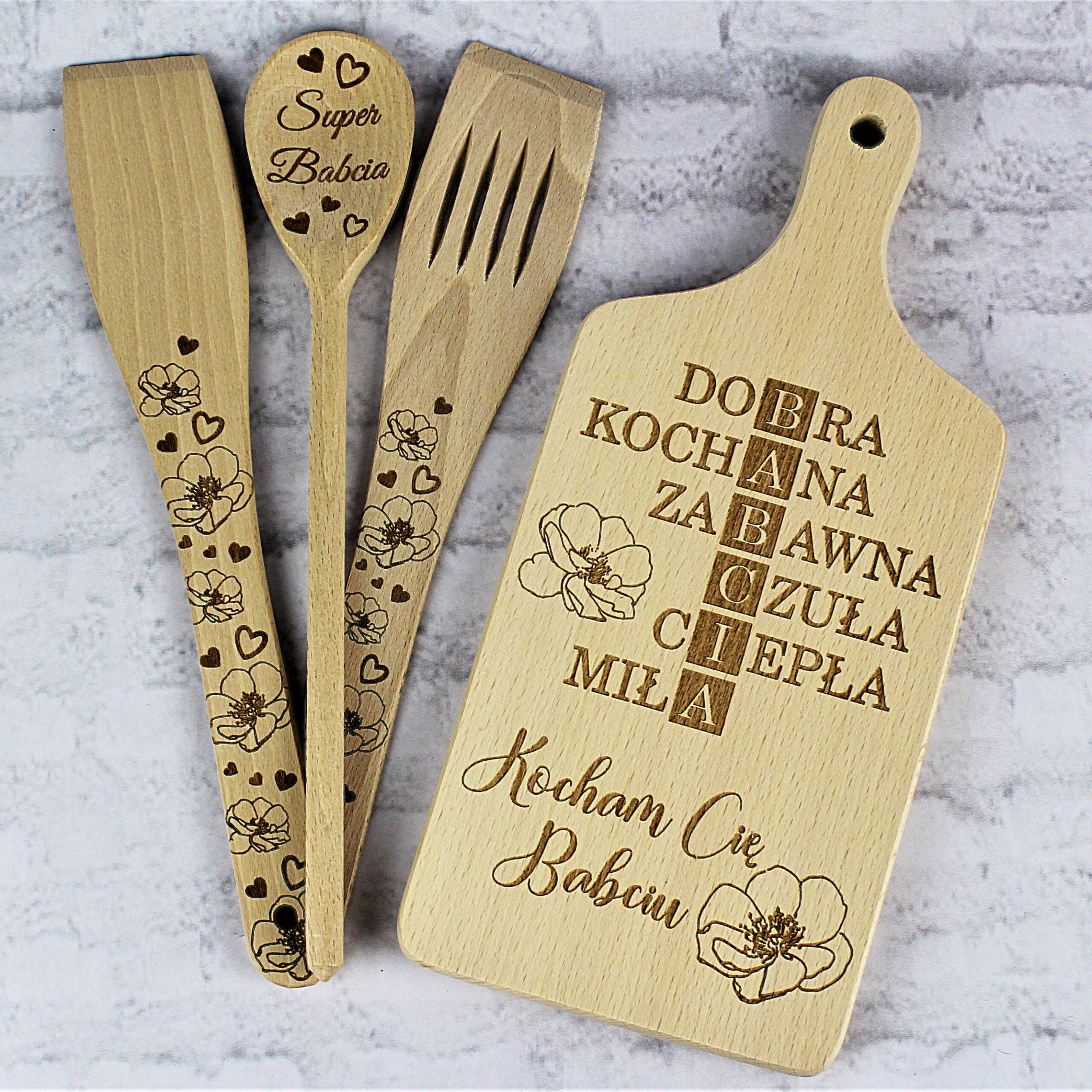 Zestaw kuchenny z Grawerem DLA BABCI deska łyżka łopatki - obrazek 2