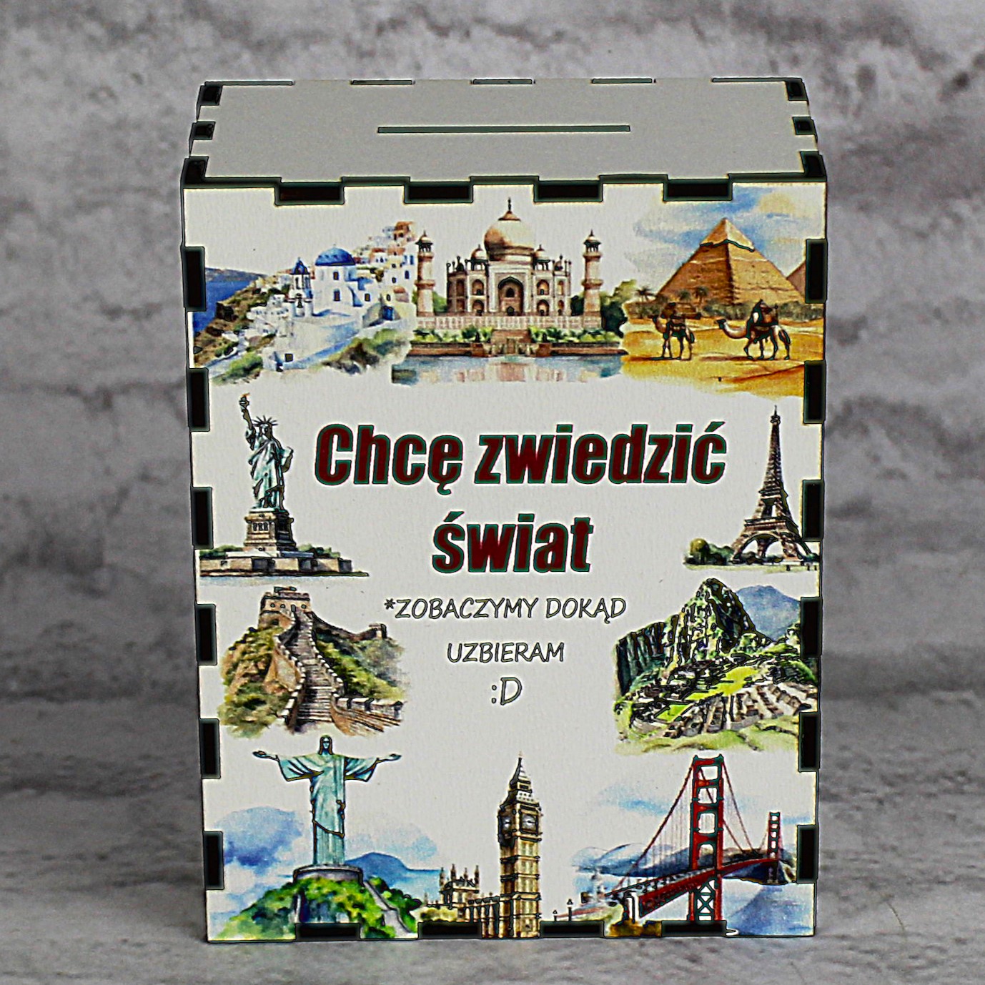 Skarbonka z Kolorowym Nadrukiem CHCĘ ZWIEDZIĆ ŚWIAT - obrazek 3